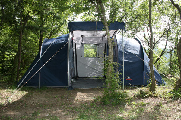 Oak Leaf Lodge - €20 per person per nightAiry, two roomed, 4 person tent with head height central area, two canopy porch entrances, storage pockets, mosquito netted sleeping compartments and vents. Foam mattresses & bedding included.